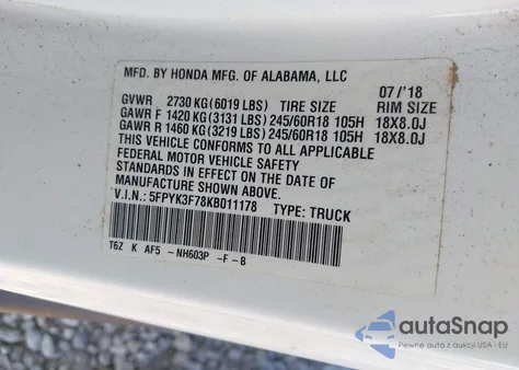 2019 Honda Ridgeline Rtl-E из США, поврежденный, VIN 5FPYK3F78KB011178